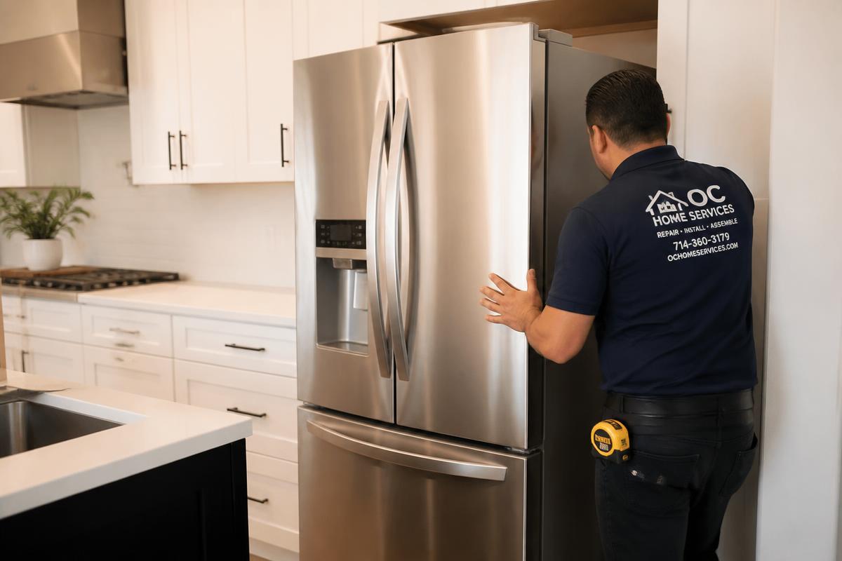 Orange Handyman completing a careful installation in a modern kitchen